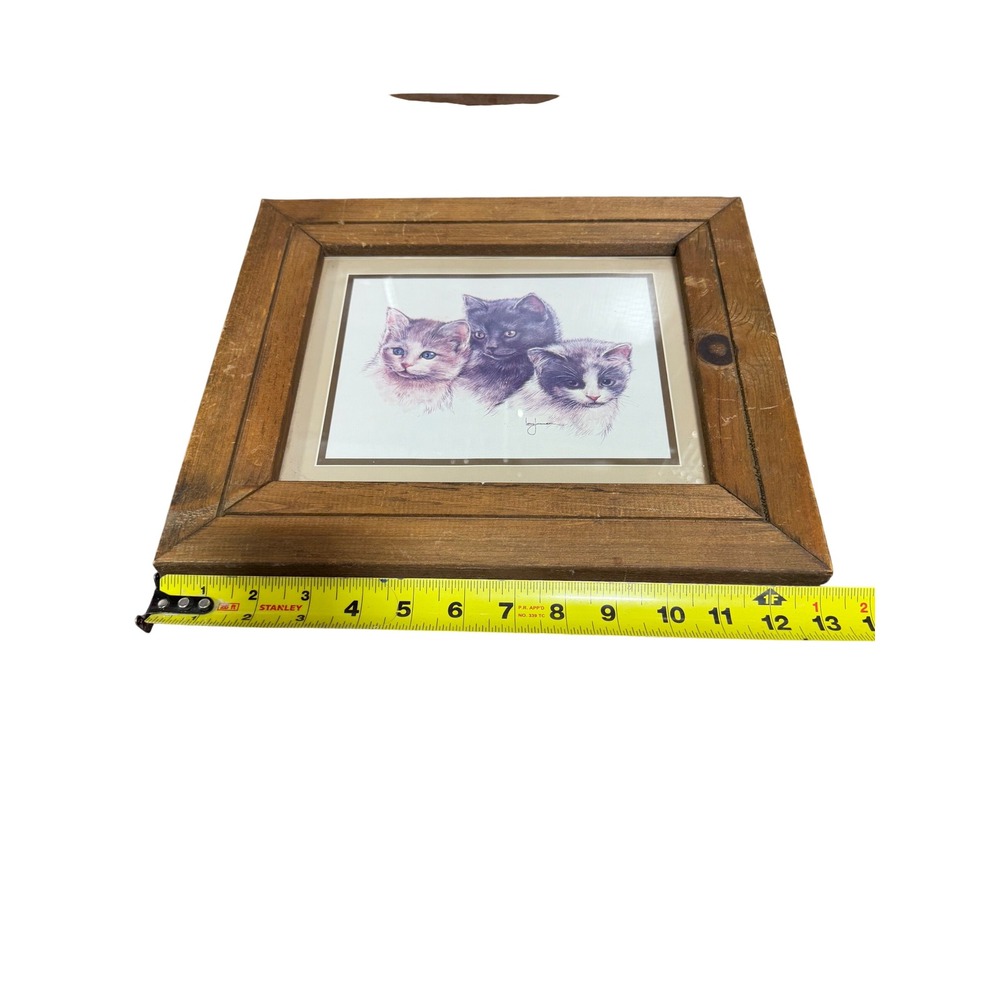 Vintage Kay Janson Kitten Art Print Rustic Wood Frame Fluffy Cats Wall Decor